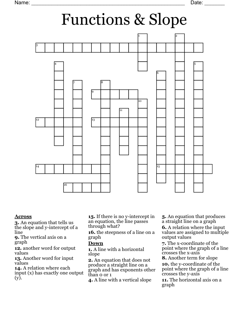 Functions & Slope Crossword