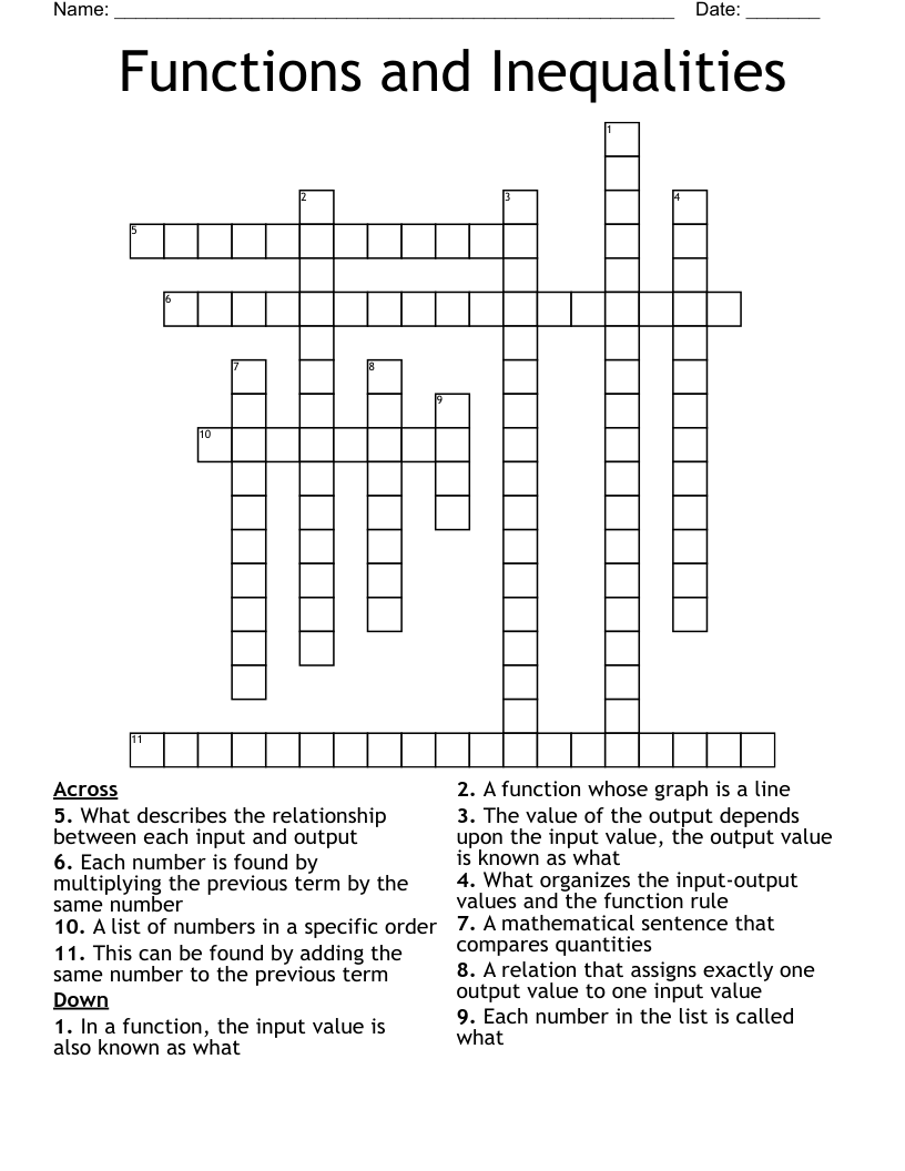 Functions and Inequalities Crossword