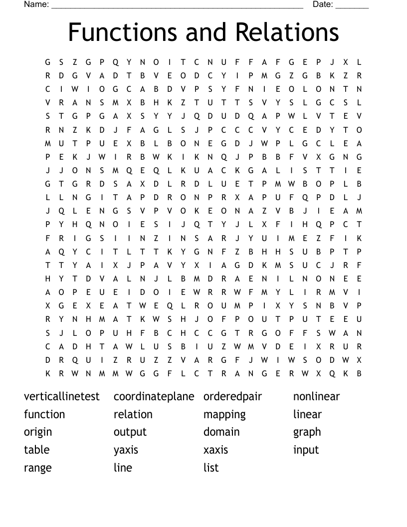 Functions and Relations Word Search