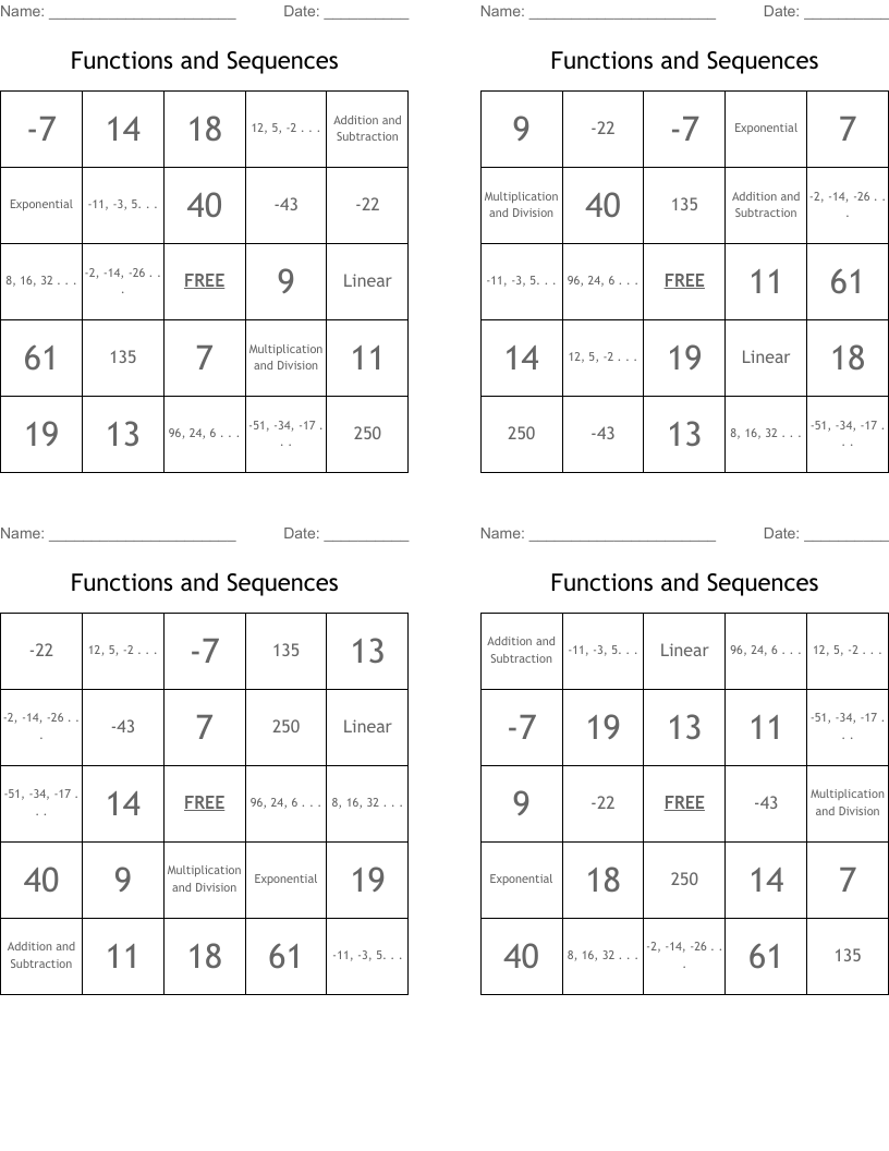 Functions and Sequences Bingo Cards