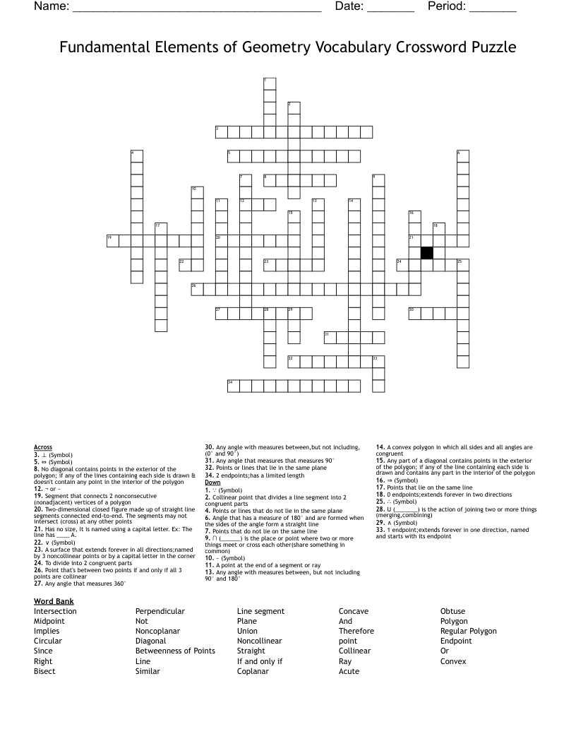 Fundamental Elements of Geometry Vocabulary Crossword Puzzle