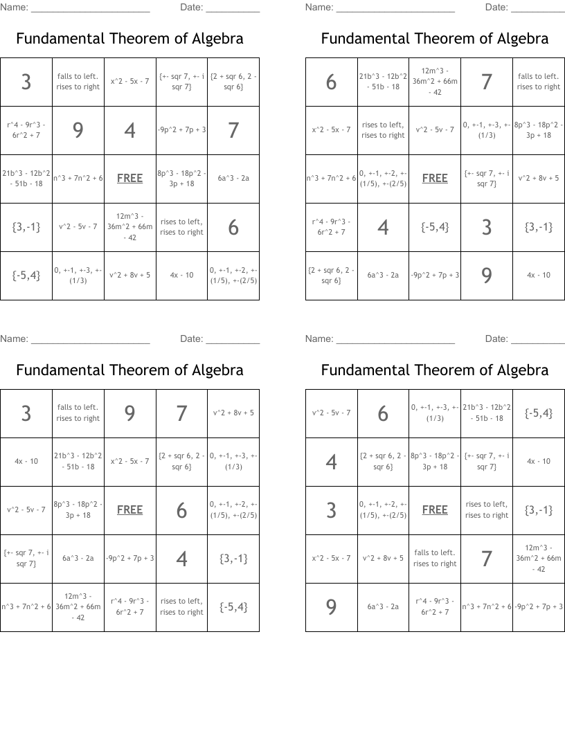 Fundamental Theorem of Algebra Bingo Cards