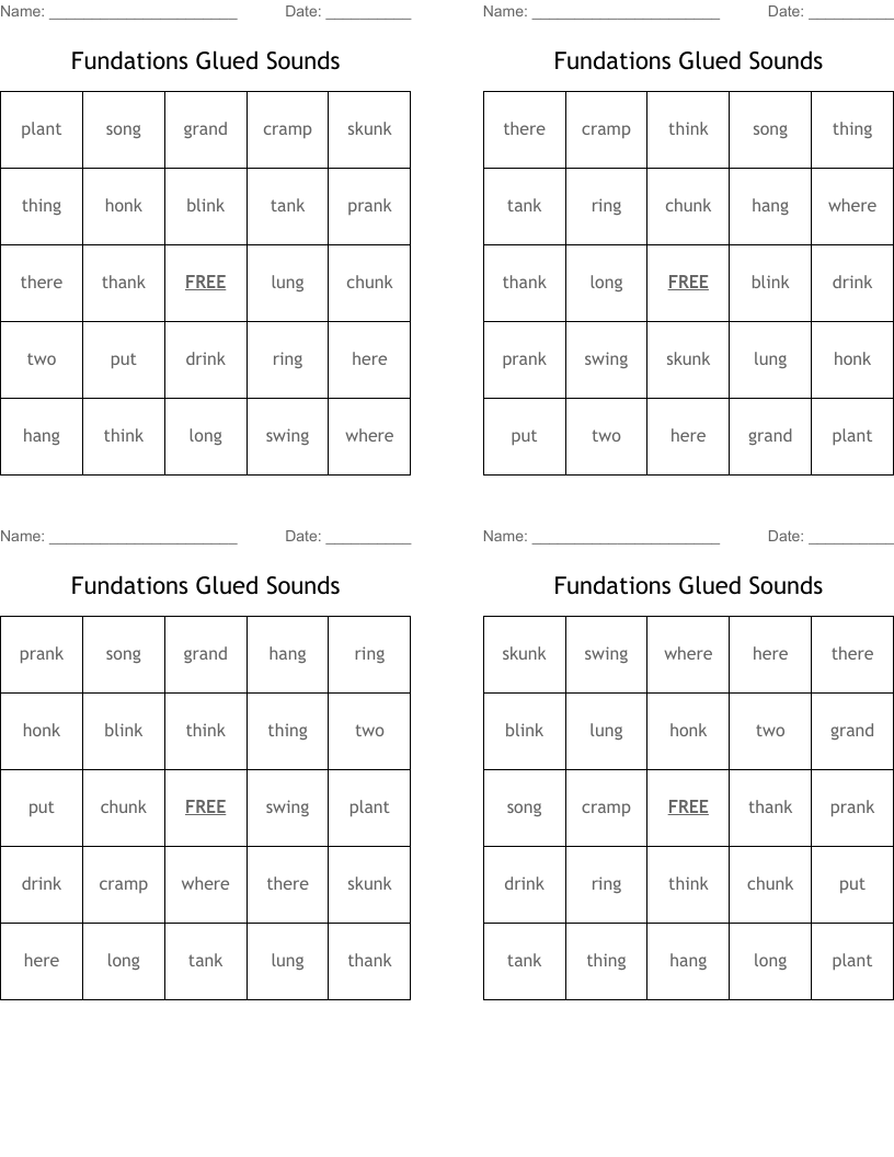 Fundations Glued Sounds Bingo Cards