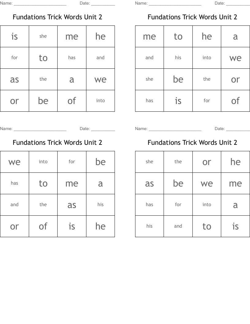 Fundations Trick Words Unit 2 Bingo Cards
