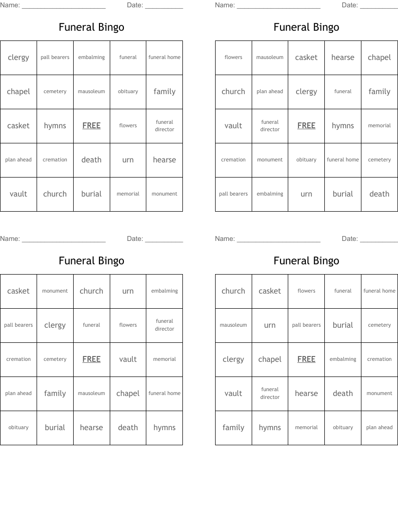 Funeral Bingo