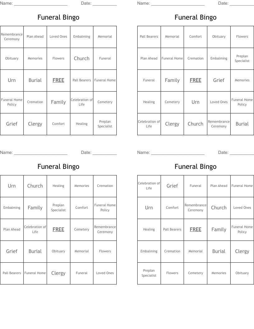 Funeral Bingo