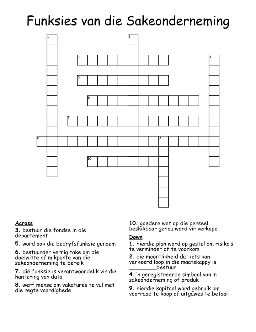 Funksies van die Sakeonderneming Crossword