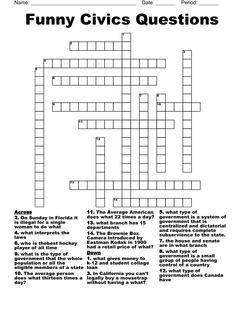 Funny Civics Questions Crossword