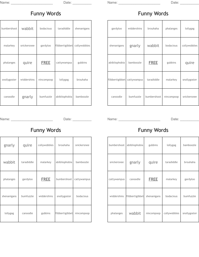 Funny Words  Bingo Cards