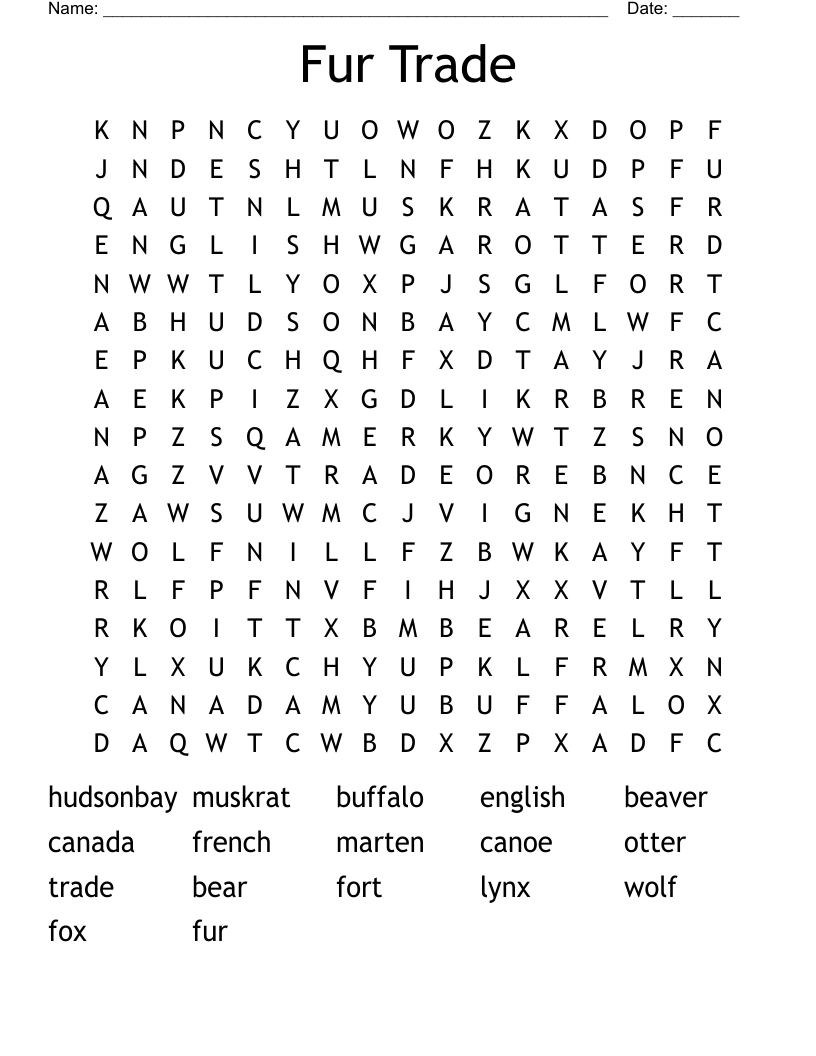 Fur Trade Word Search