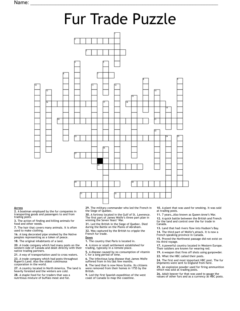 Fur Trade Puzzle Crossword