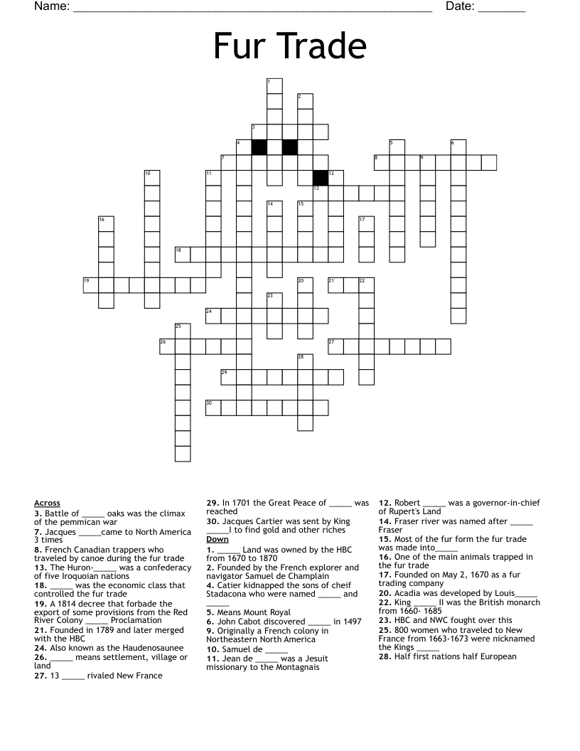 Fur Trade  Crossword