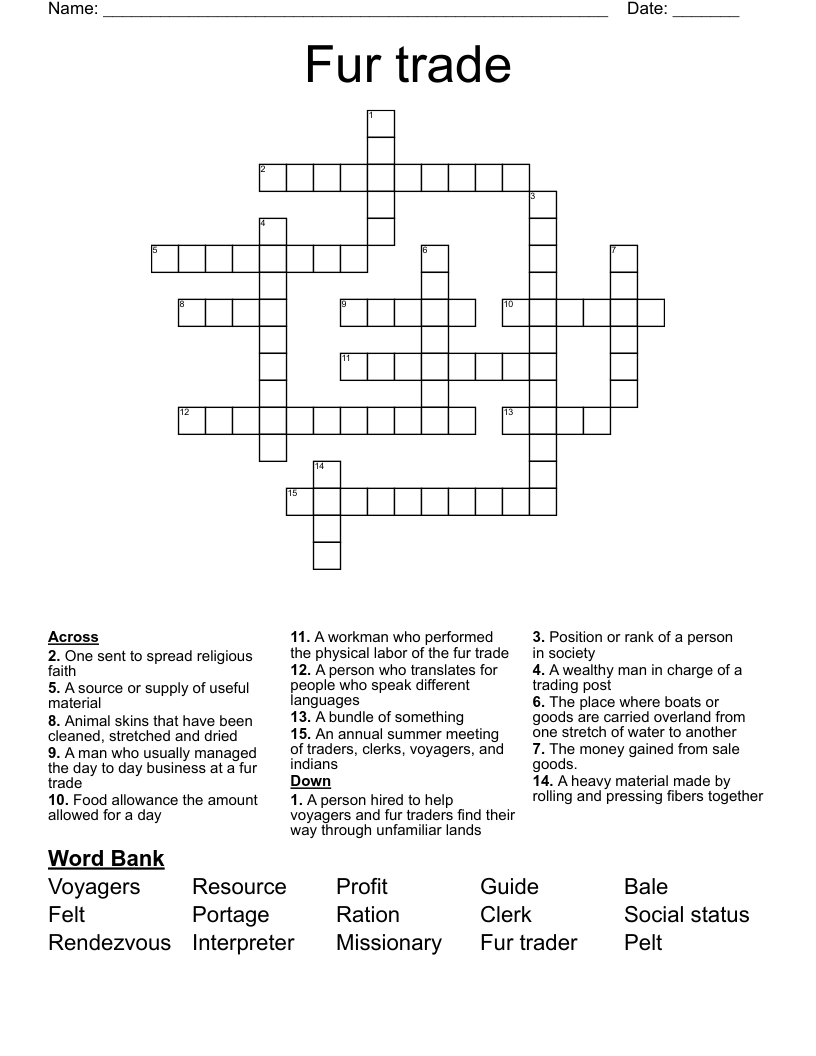 Fur trade Crossword
