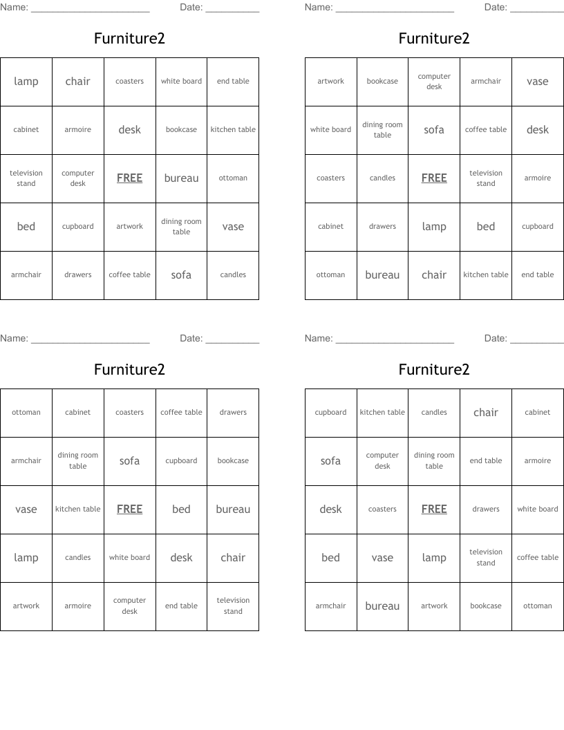 Furniture2 Bingo Cards