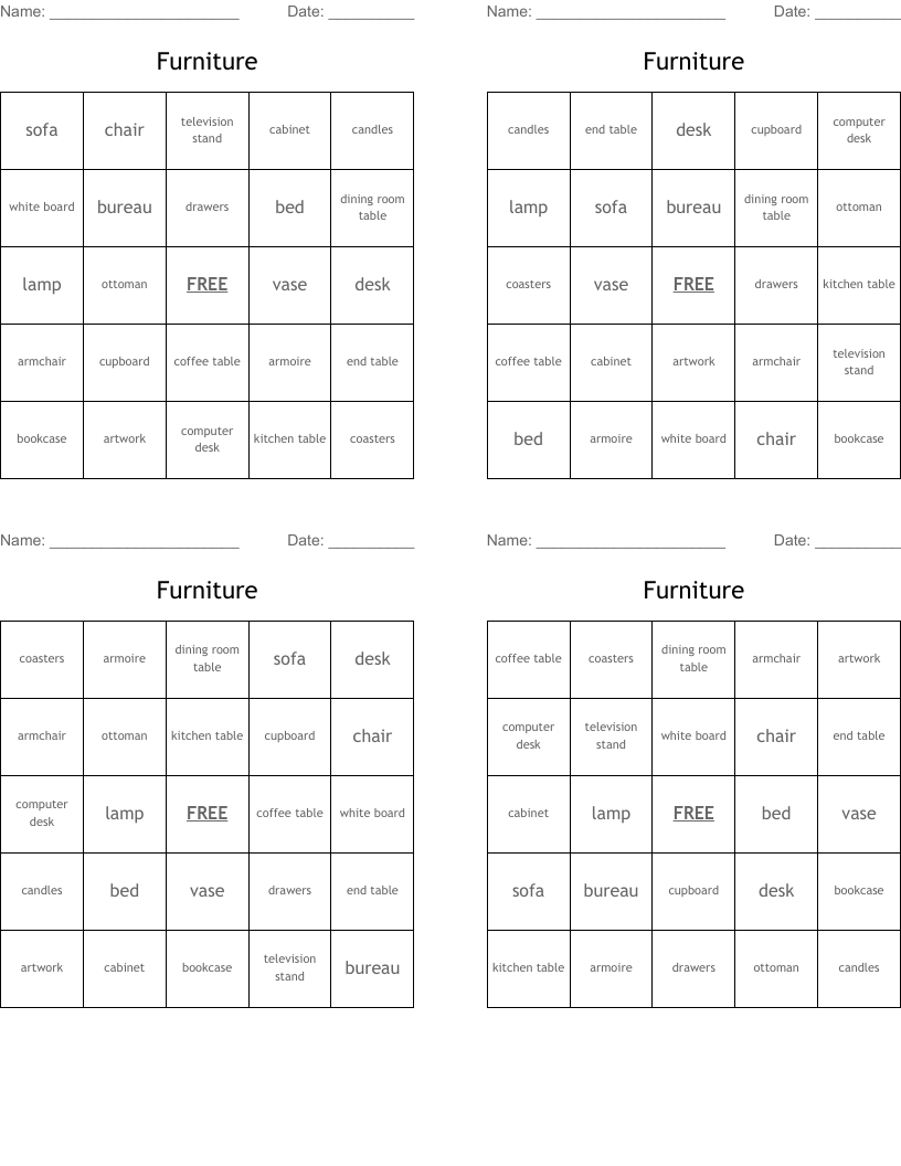 Furniture Bingo Cards