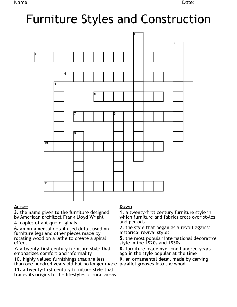 Furniture Styles and Construction  Crossword