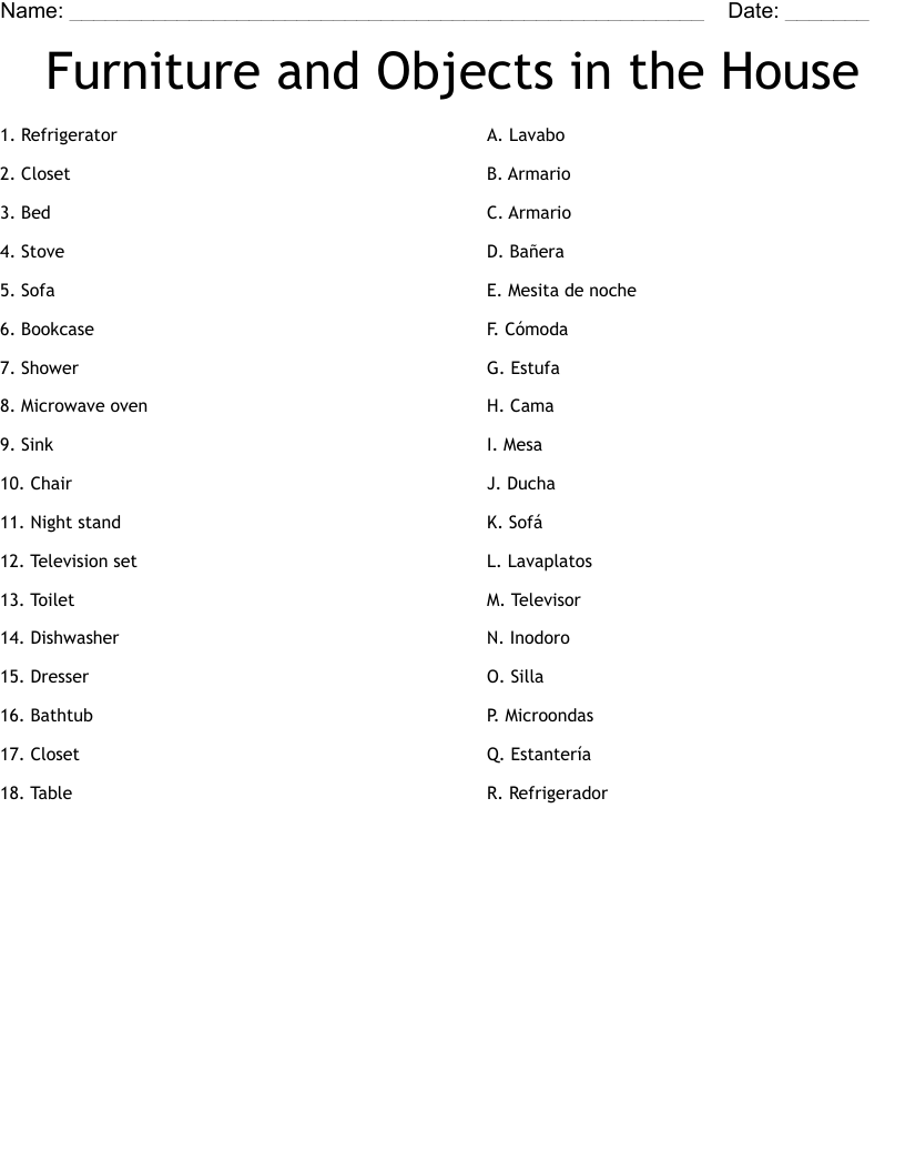 Furniture and Objects in the House Worksheet