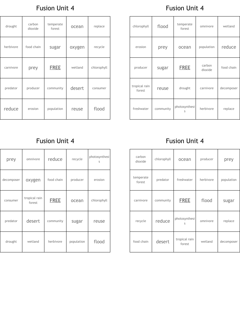 Fusion Unit 4 Bingo Cards