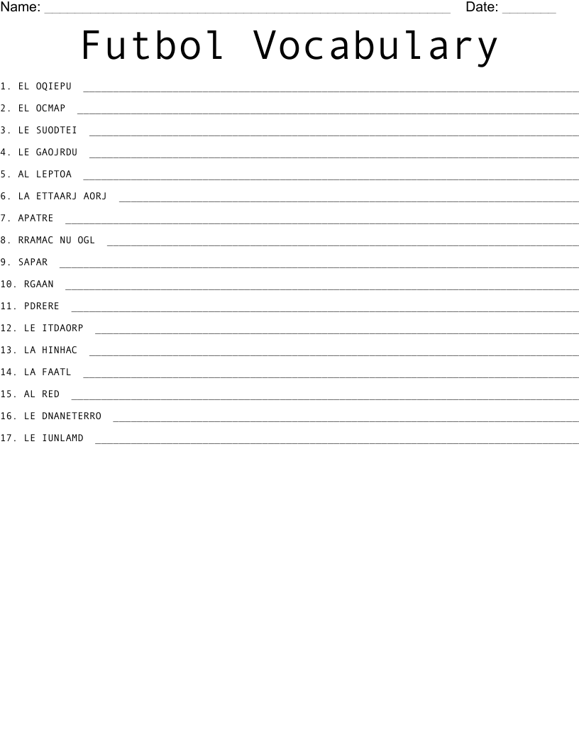 Futbol Vocabulary Word Scramble