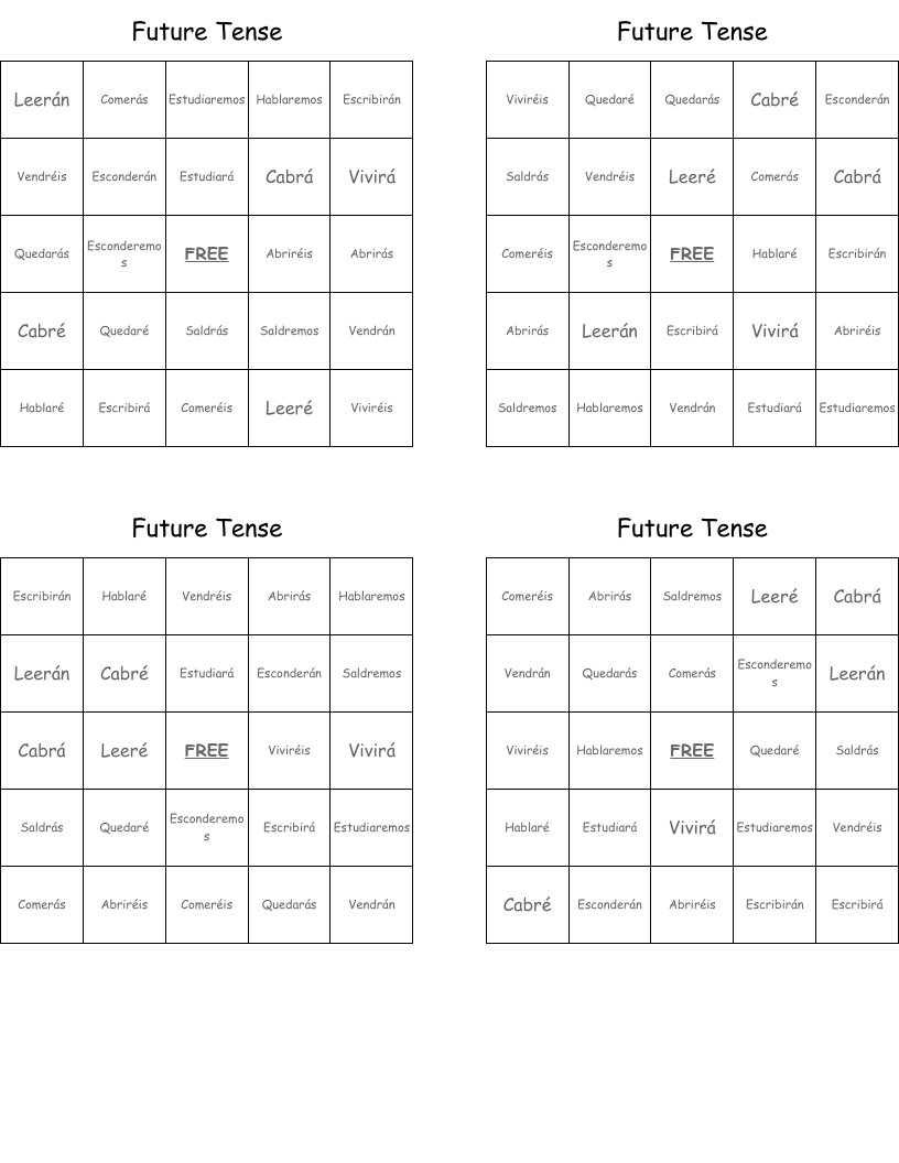Future Tense Bingo Cards