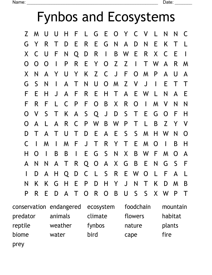 Fynbos and Ecosystems Word Search