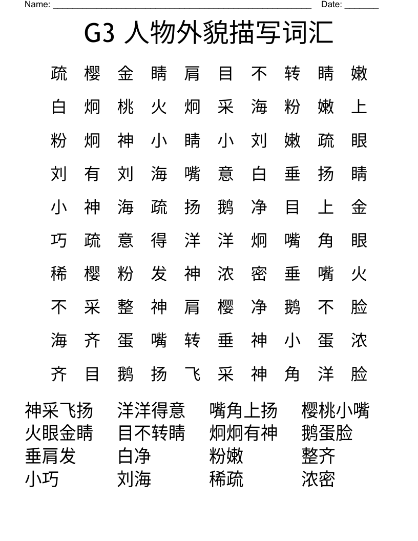 G3 人物外貌描写词汇 Word Search