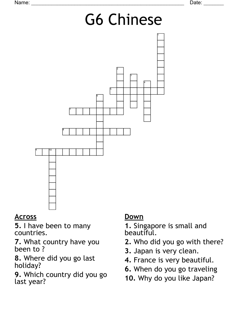 G6 Chinese  Crossword