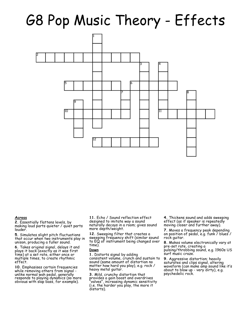 G8 Pop Music Theory - Effects Crossword