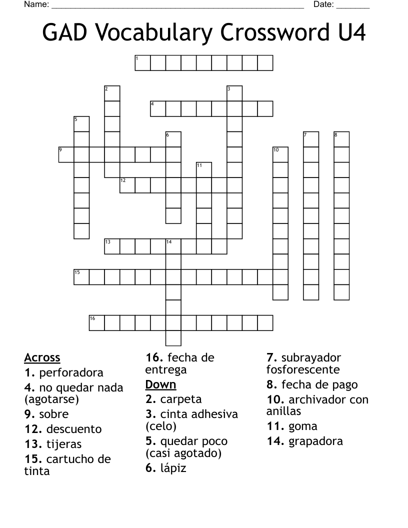 GAD Vocabulary Crossword U4