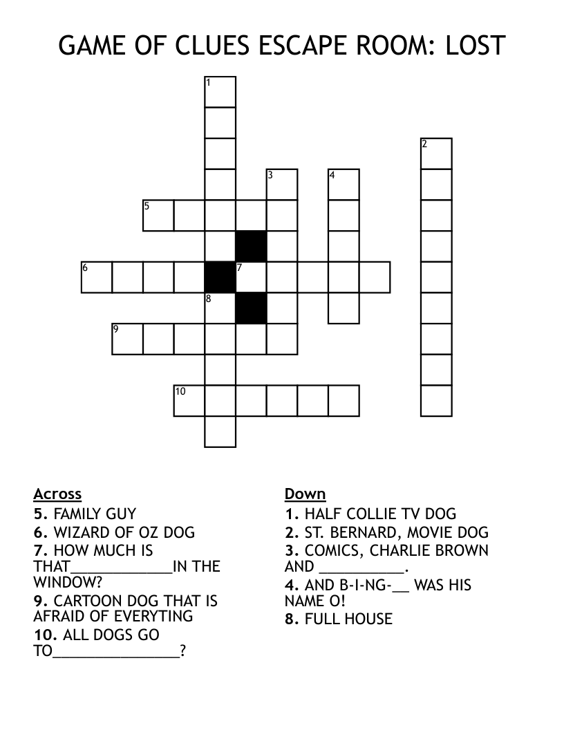 GAME OF CLUES ESCAPE ROOM: LOST Crossword