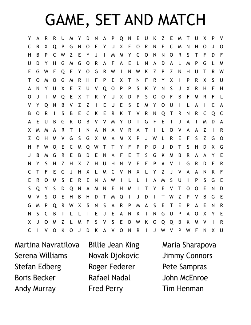 GAME, SET AND MATCH Word Search