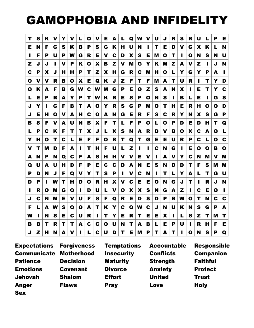 GAMOPHOBIA AND INFIDELITY Word Search