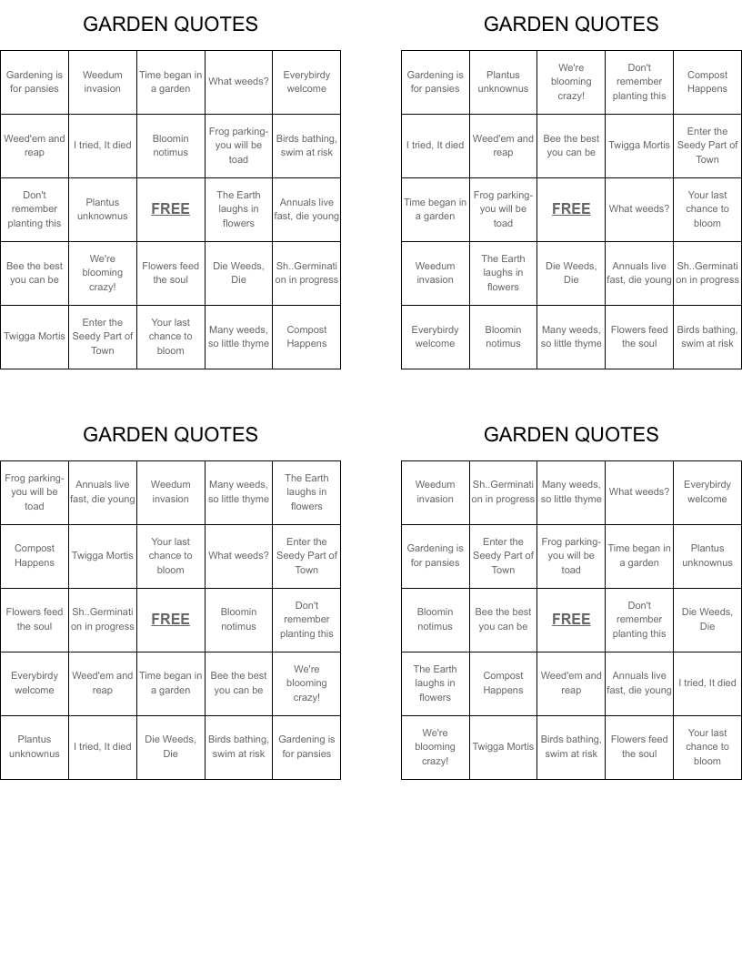 GARDEN QUOTES Bingo Cards