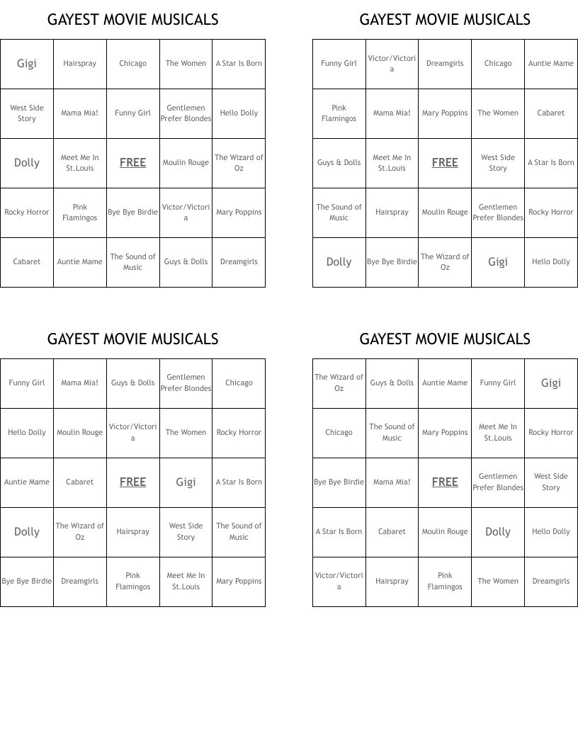 GAYEST MOVIE MUSICALS Bingo Cards