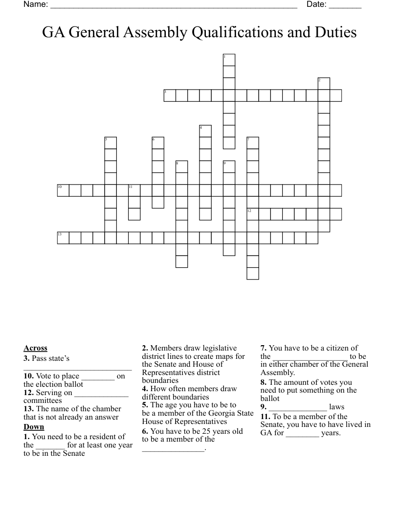 GA General Assembly Qualifications and Duties Crossword