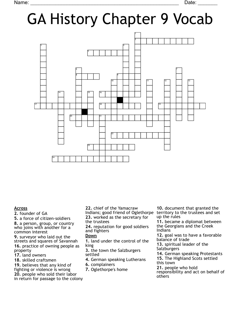 GA History Chapter 9 Vocab Crossword