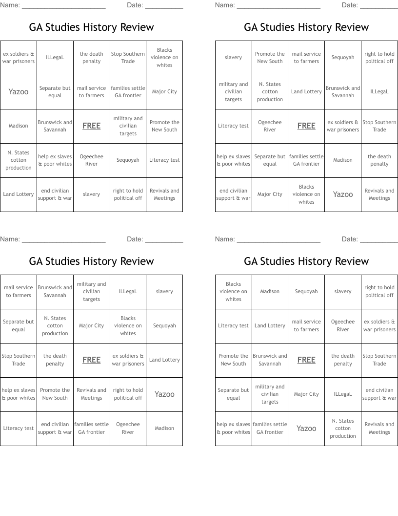 GA Studies History Review Bingo Cards