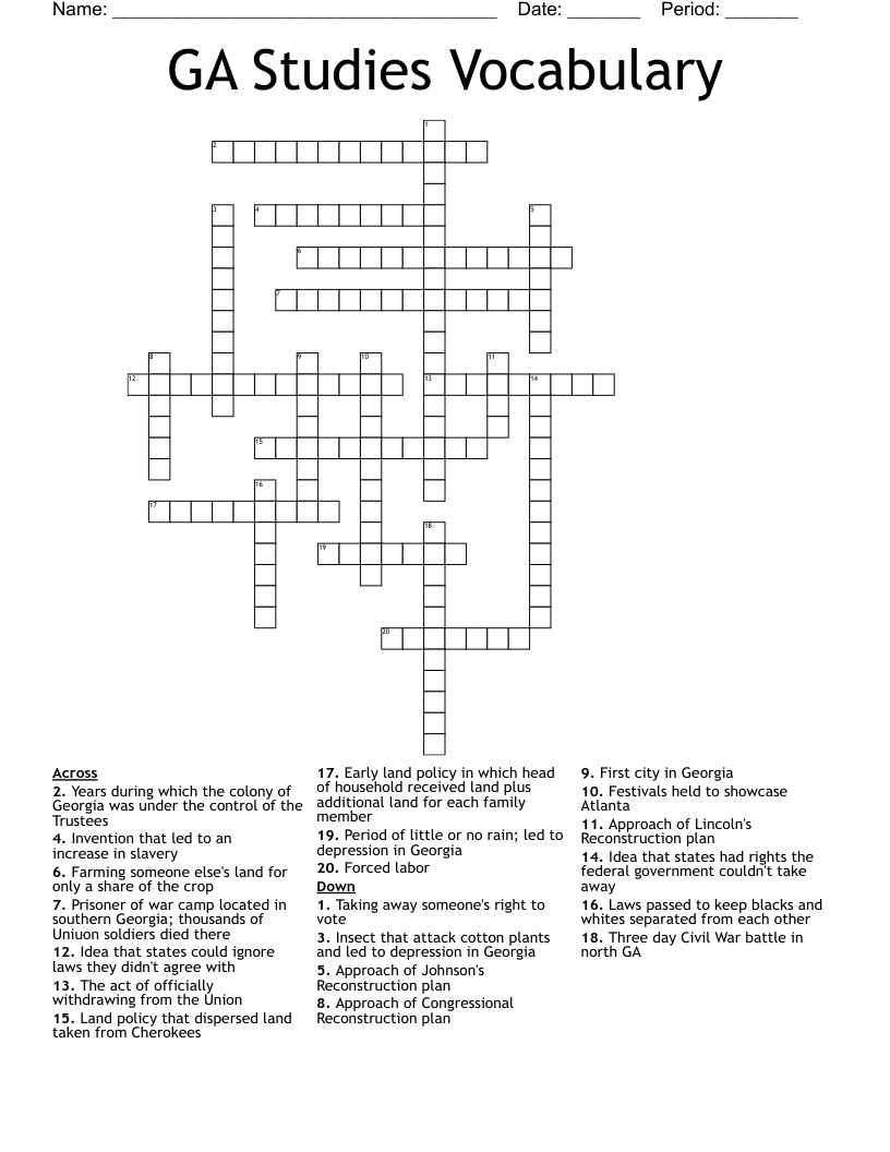 GA Studies Vocabulary Crossword
