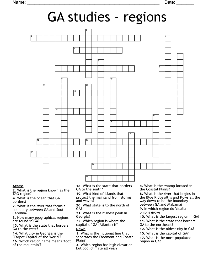GA studies - regions Crossword