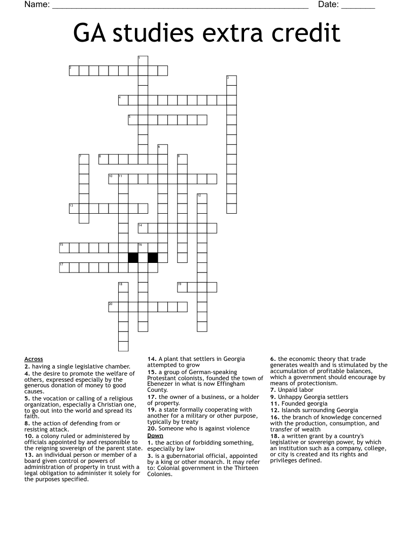 GA studies extra credit Crossword