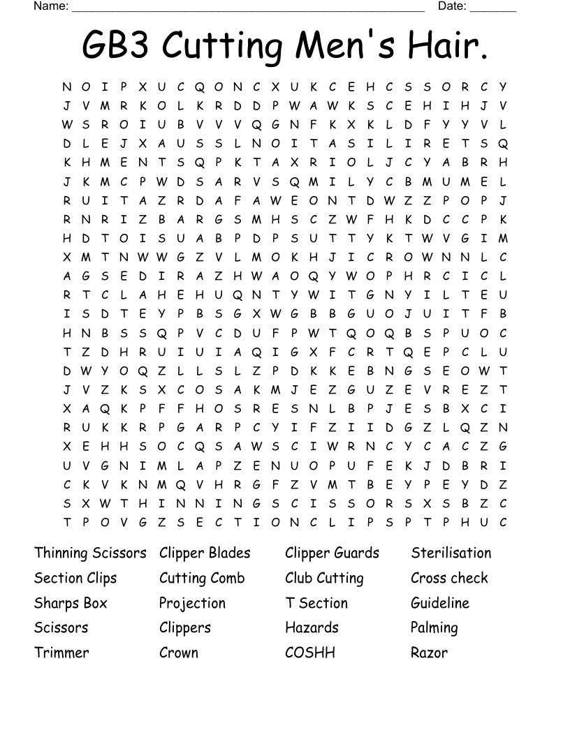 GB3 Cutting Men's Hair. Word Search