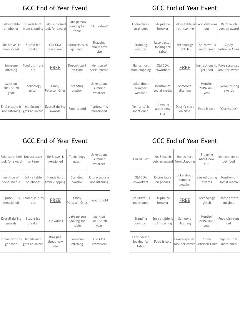 GCC End of Year Event Bingo Cards