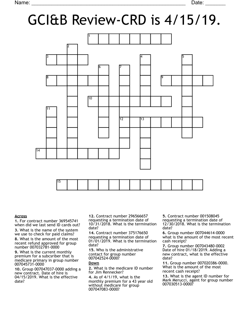 GCI&B Review-CRD is 4/15/19.  Crossword