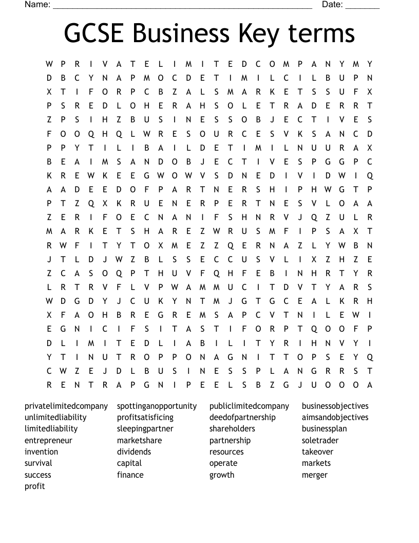 GCSE Business Key terms Word Search