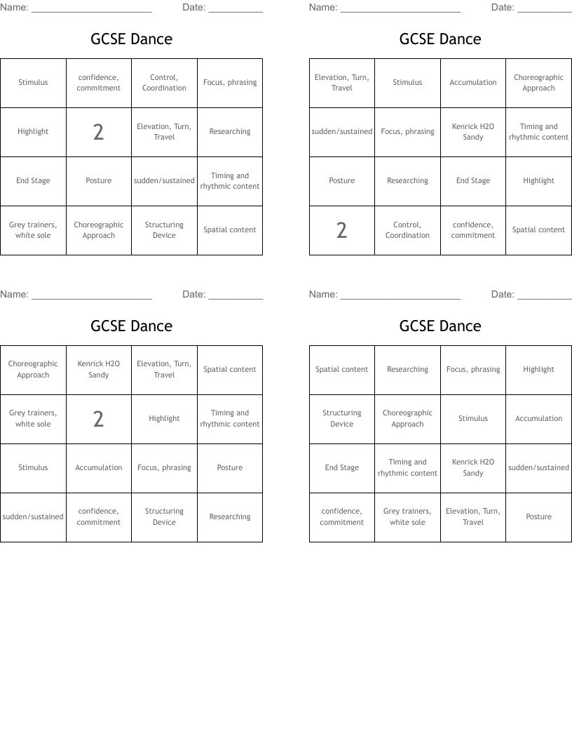 GCSE Dance Bingo Cards