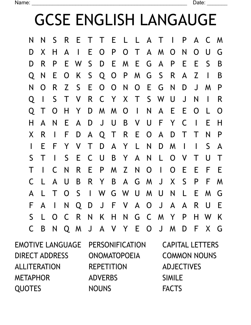 GCSE ENGLISH LANGAUGE Word Search