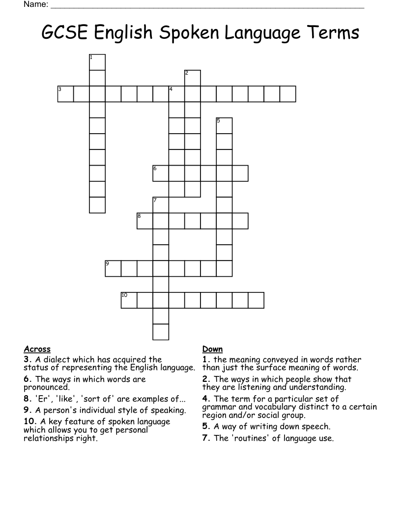 GCSE English Spoken Language Terms Crossword