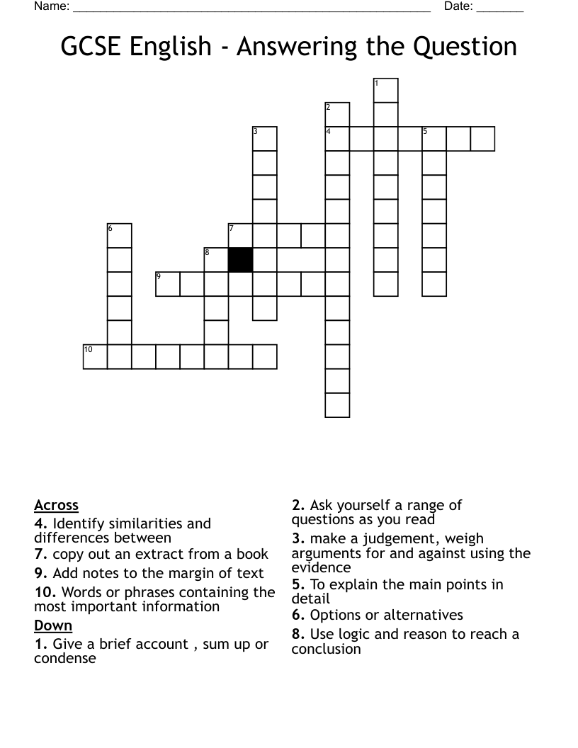 GCSE English - Answering the Question Crossword