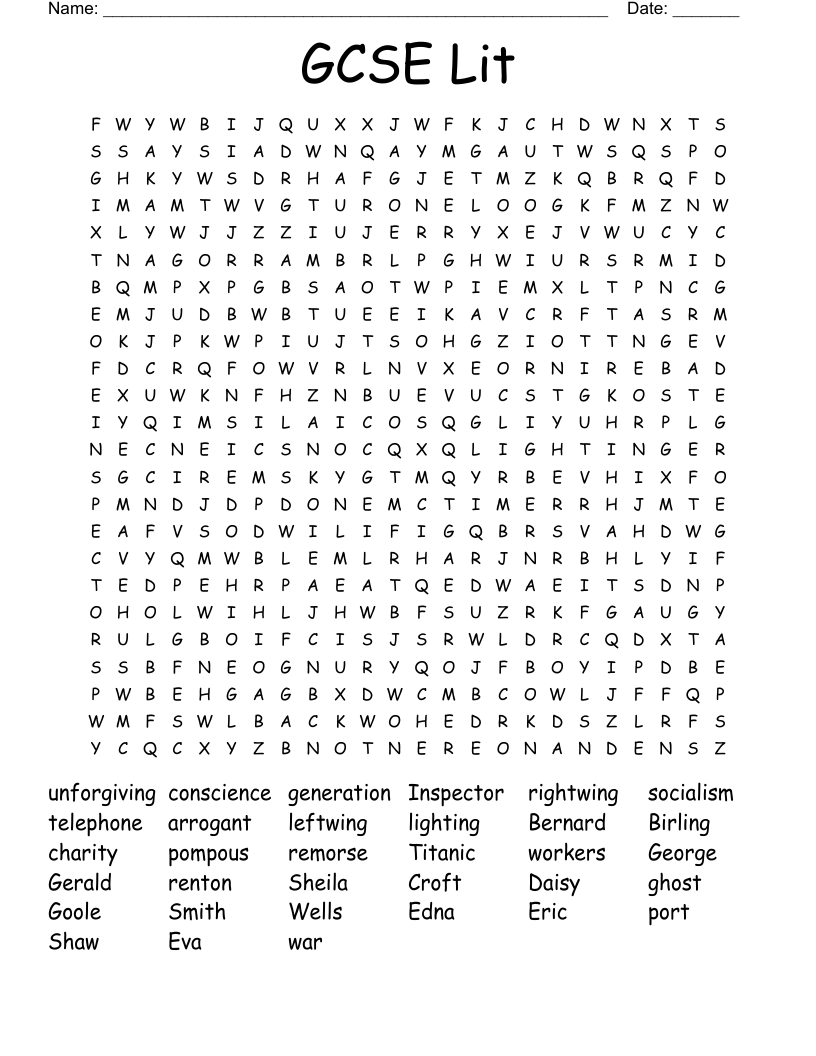 GCSE Lit Word Search