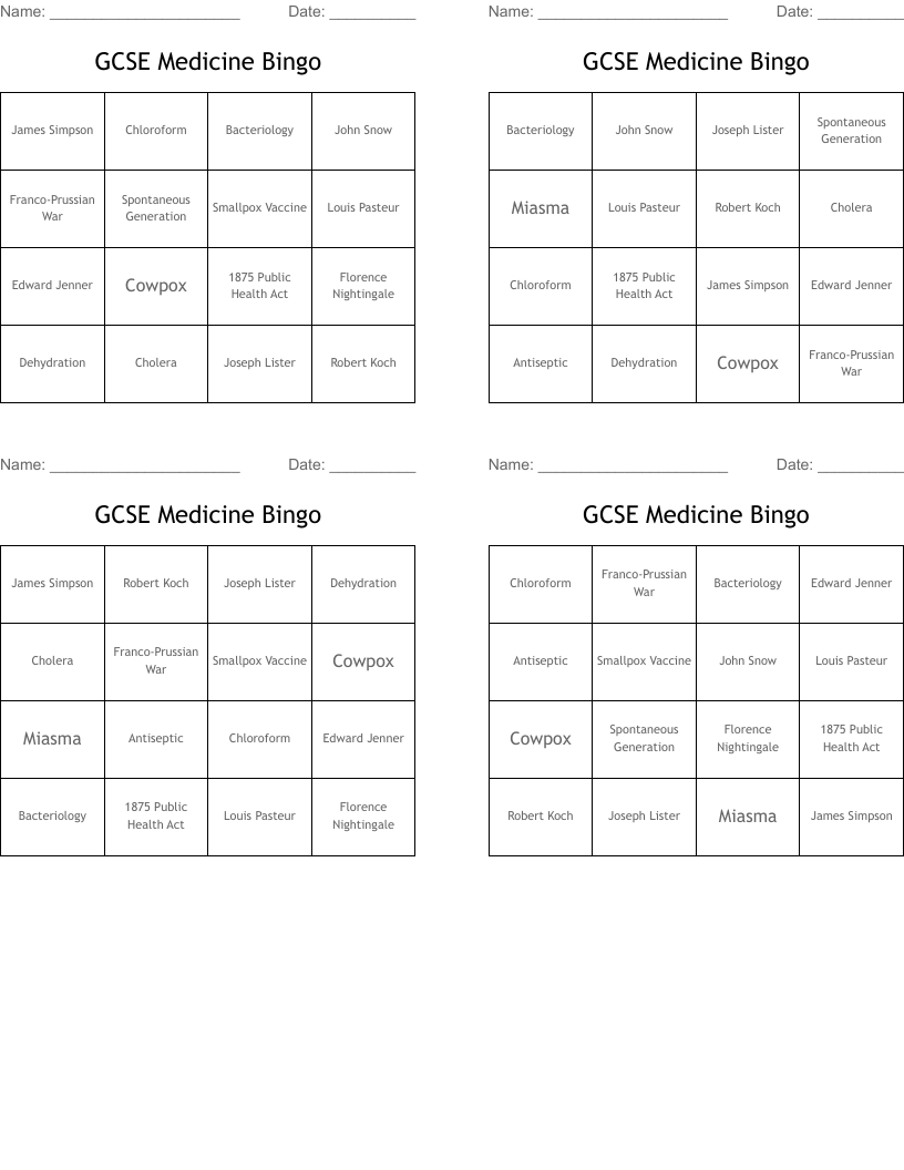 GCSE Medicine Bingo